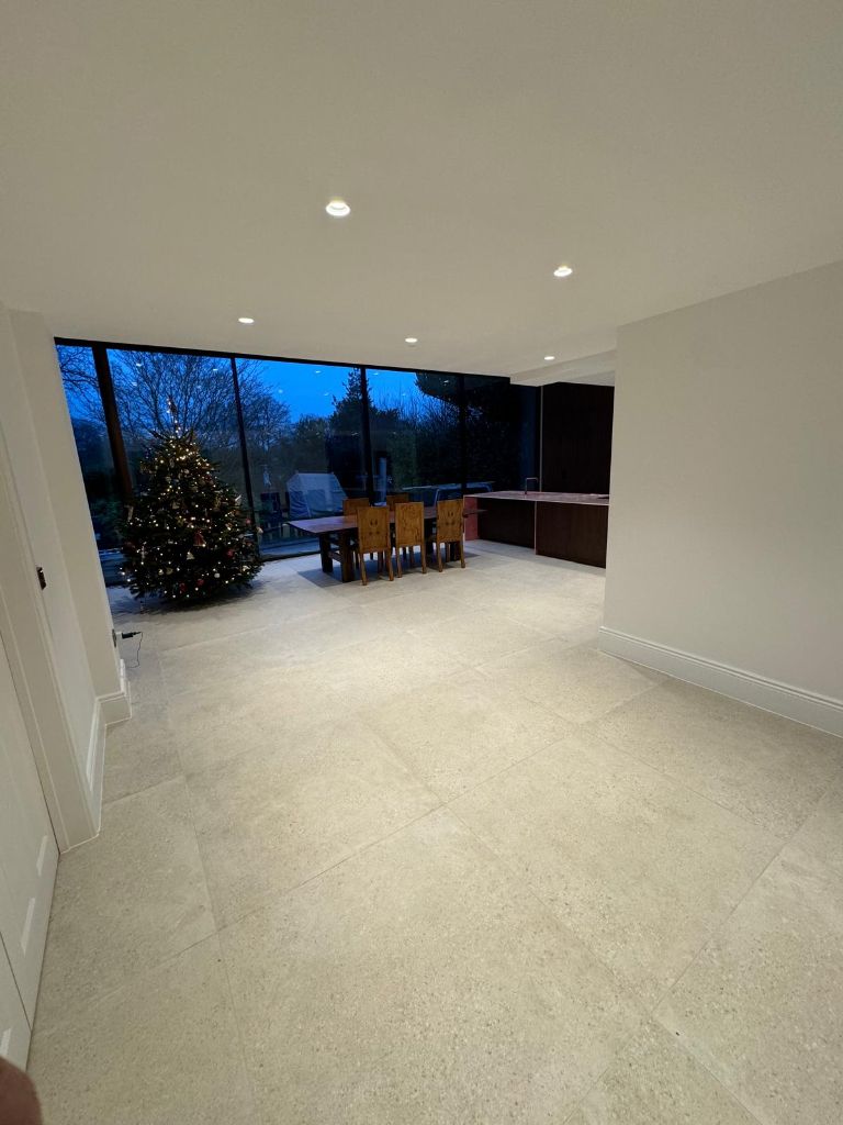 Kitchen extension interior with modern lighting at night